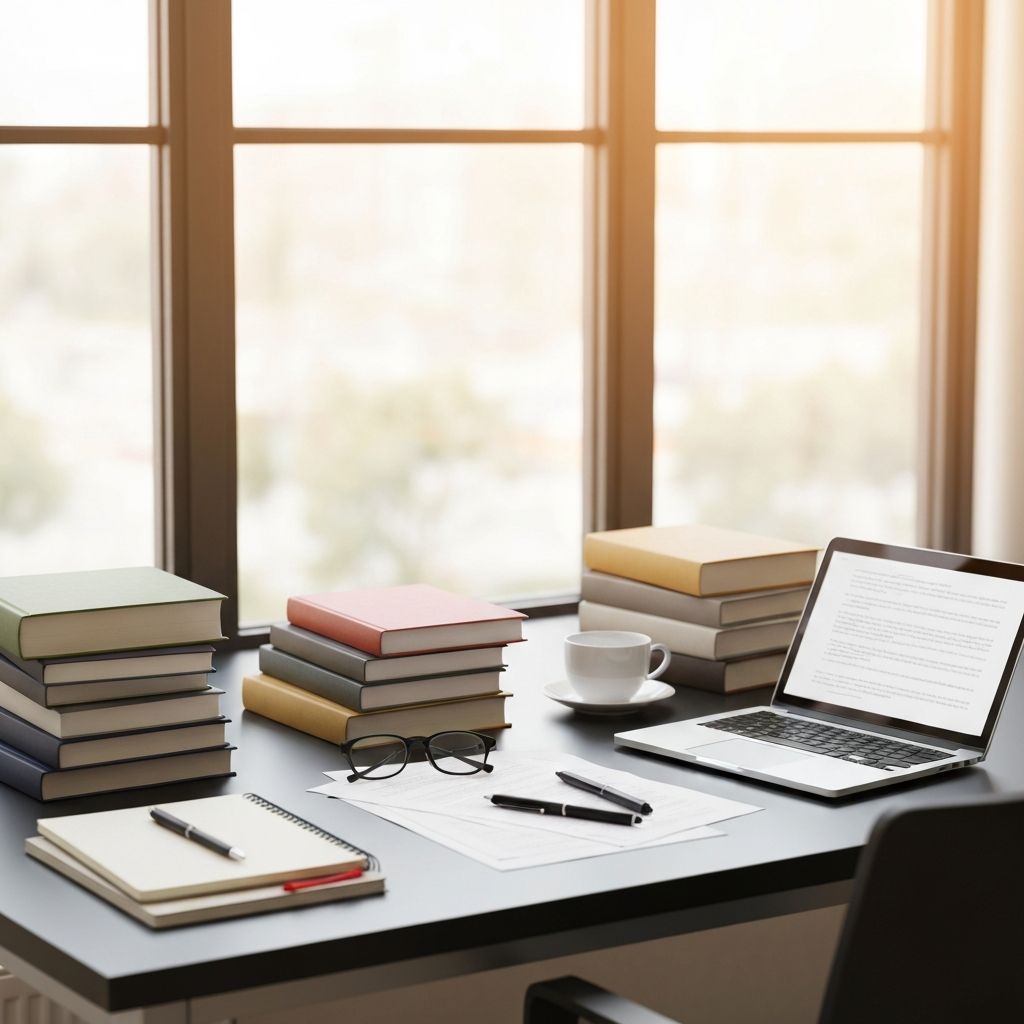 Books and research materials on a desk with natural lighting
