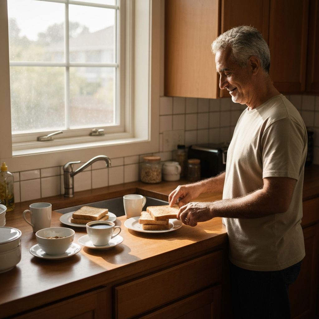 Person preparing breakfast at home with various food items on the counter