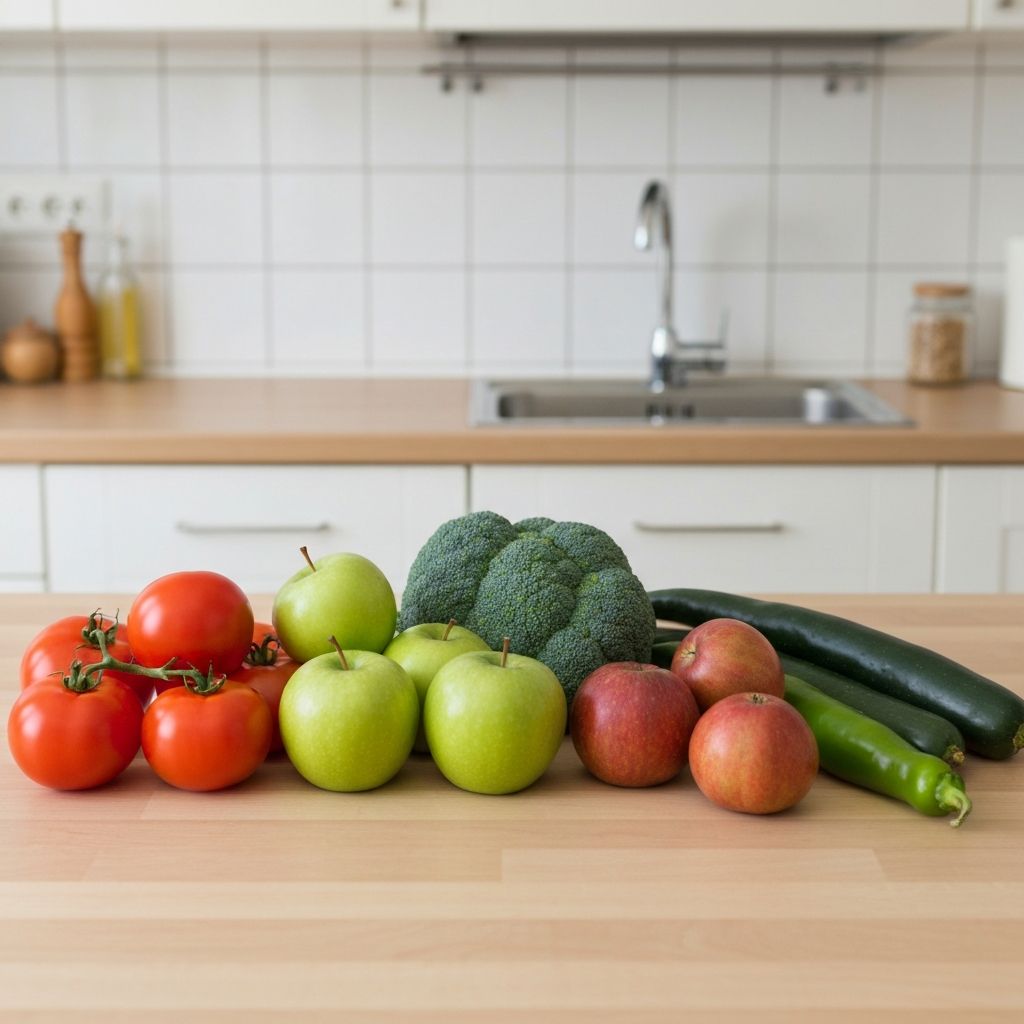 Fresh vegetables and fruits arranged on a wooden table in a home kitchen setting