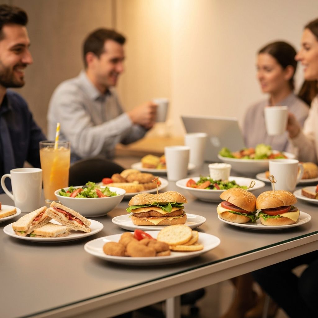Group of colleagues sharing lunch at a workplace cafeteria table